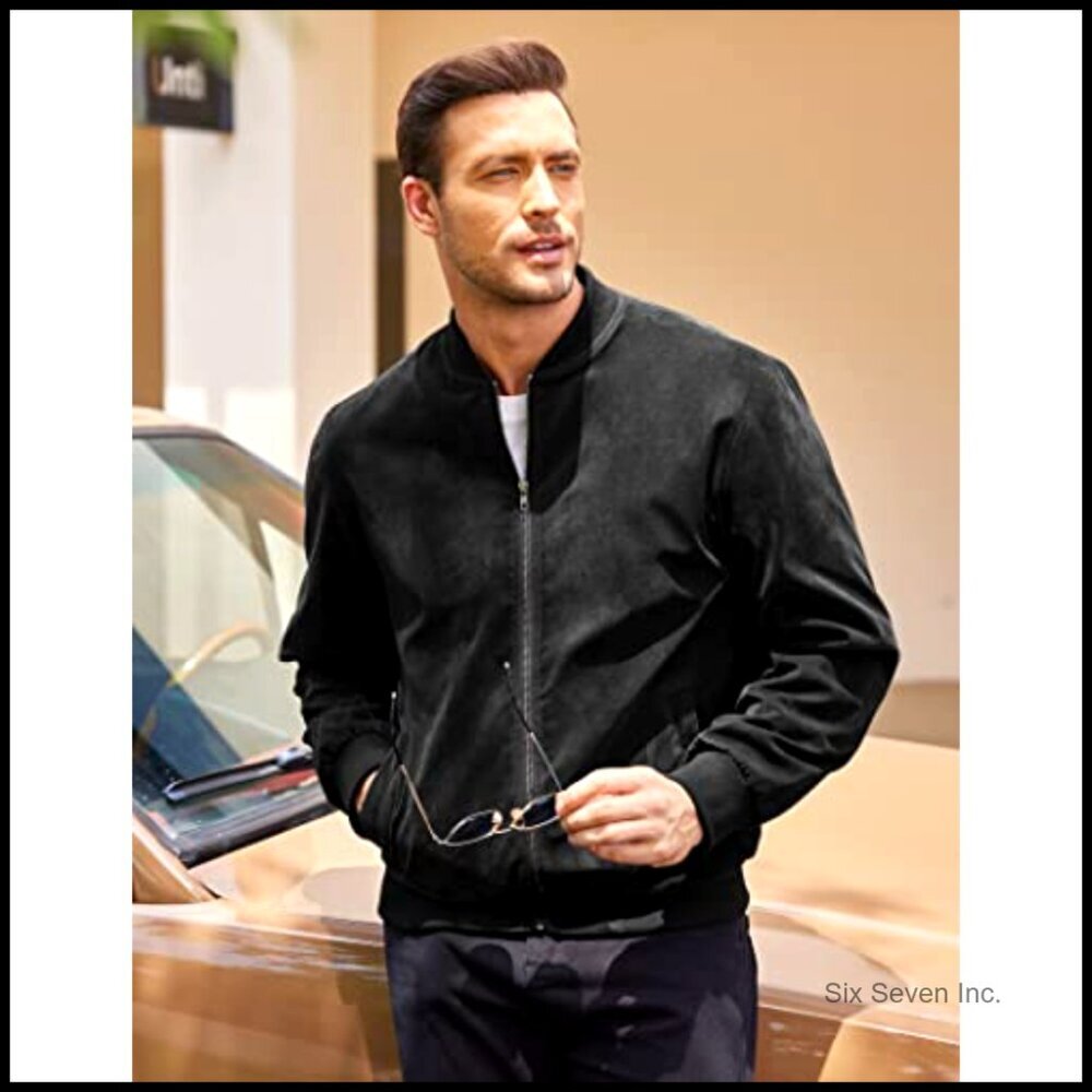 Vintage Lightweight Suede Bomber Jacket Casual Classic Retro Fit Men's Outerwear - Picture 2 of 7